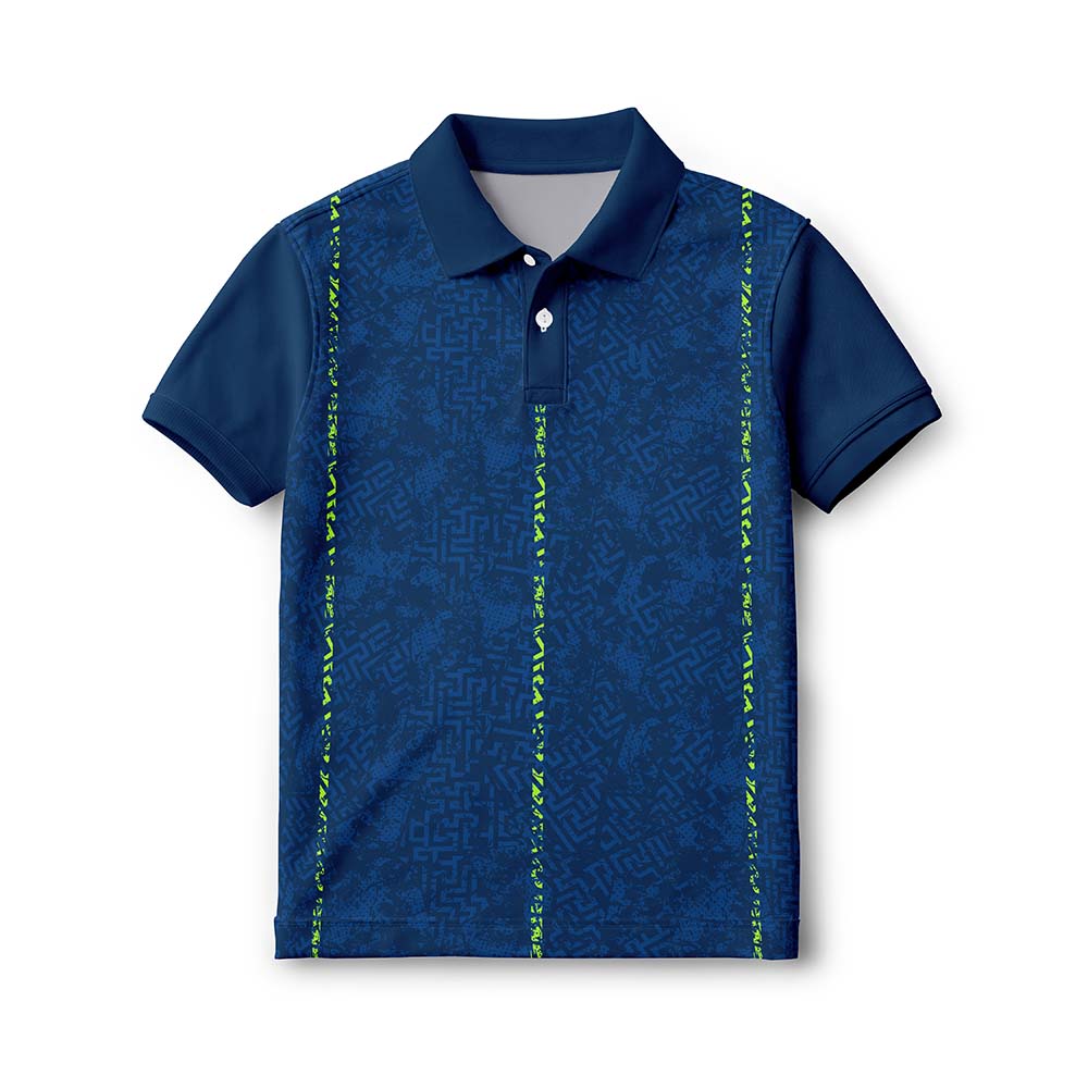 Kids' polo neck sports jersey in navy blue with lime vertical accents, front view.