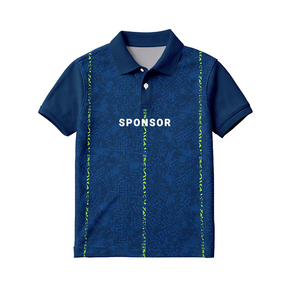 Personalised kids' polo jersey in navy blue with lime vertical accents, with sample SPONSOR text on the front.