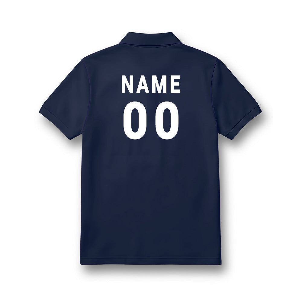 Back of kids' polo jersey in plain navy blue, showing sample NAME and number 00 personalisation.