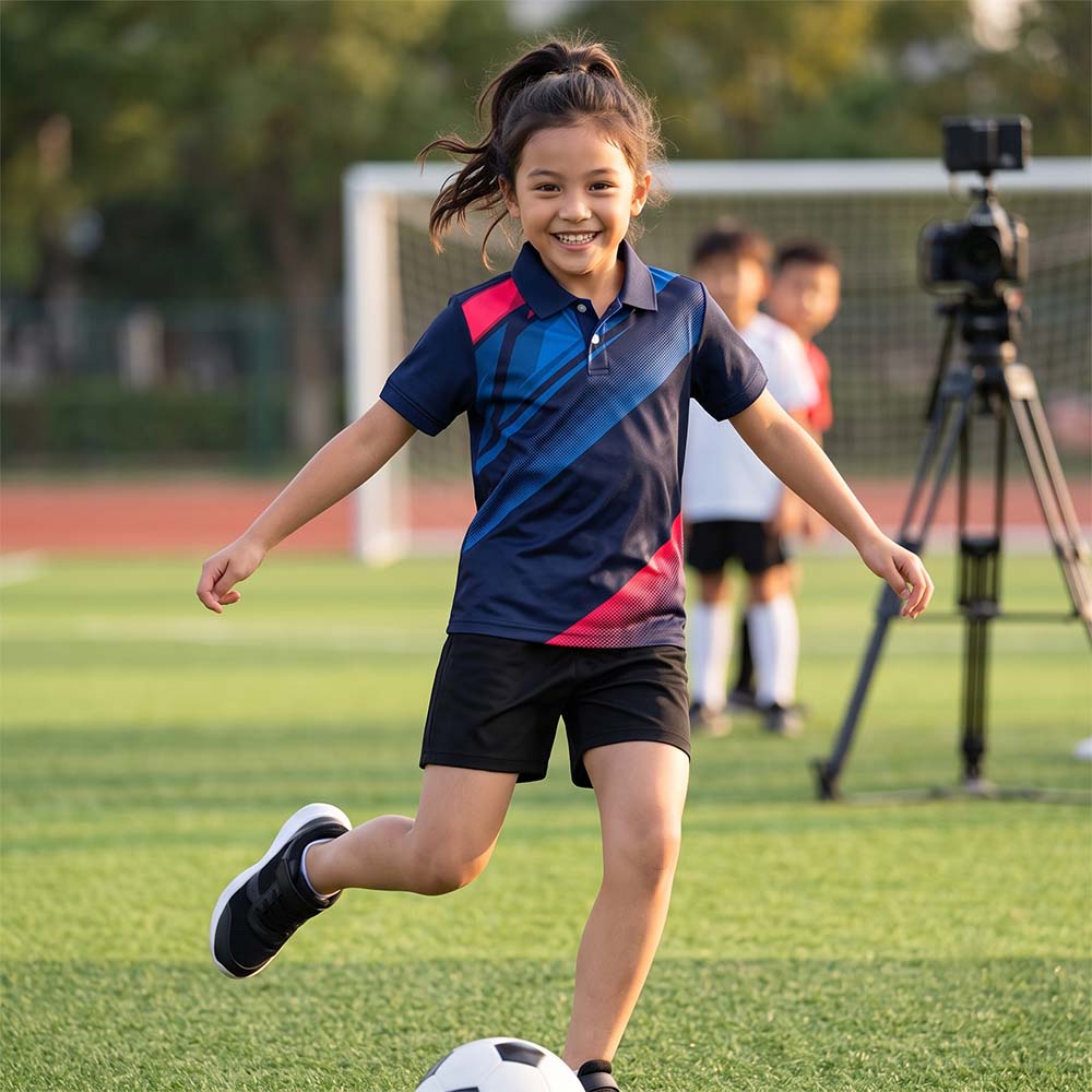 Kids' polo sports jersey in navy blue with royal blue diagonal bands and red accents, worn by a child in black shorts playing football on grass.