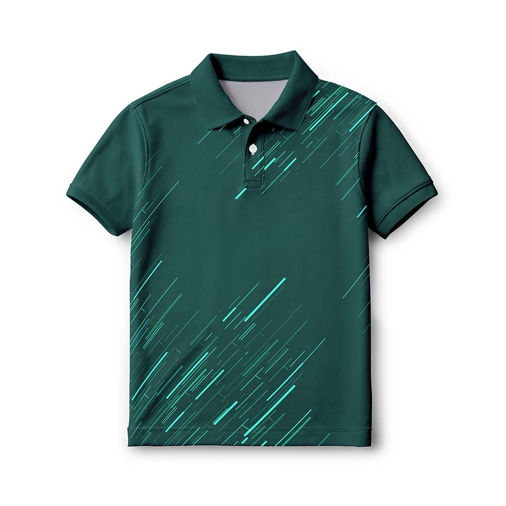 Kids' polo neck sports jersey in forest green with teal diagonal streaks, front view.