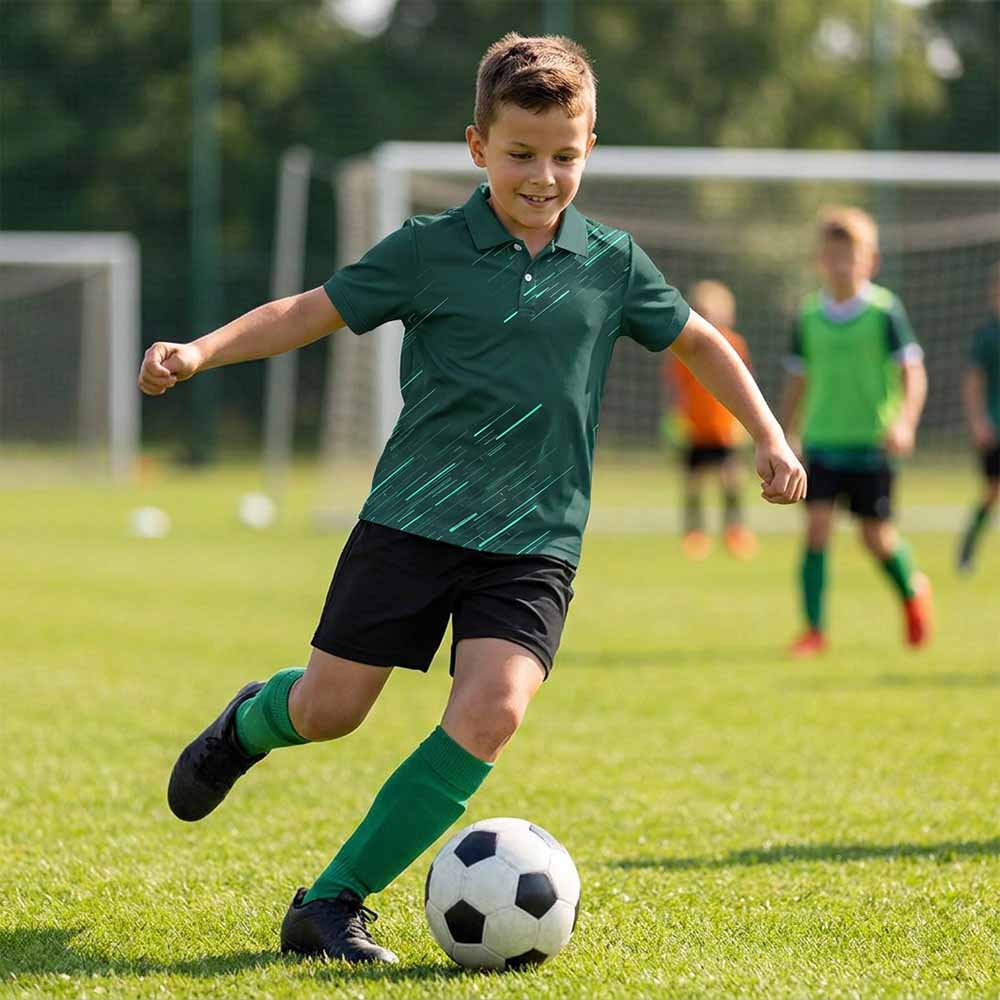 Kids' polo sports jersey in forest green with teal diagonal streaks, worn by a child in black shorts playing football on grass.