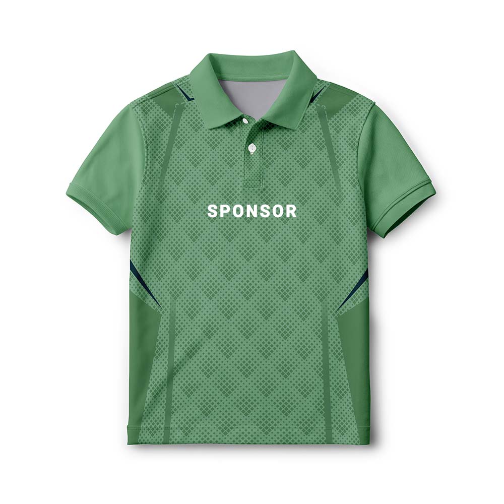 Personalised kids' polo jersey in sage green with a subtle geometric pattern, with sample SPONSOR text on the front.