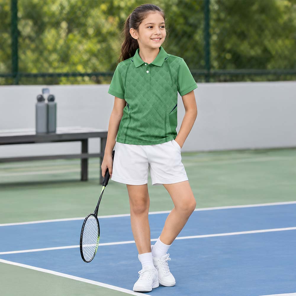 Kids' polo sports jersey in sage green with a subtle geometric pattern, worn by a child in white shorts holding a racket on a court.