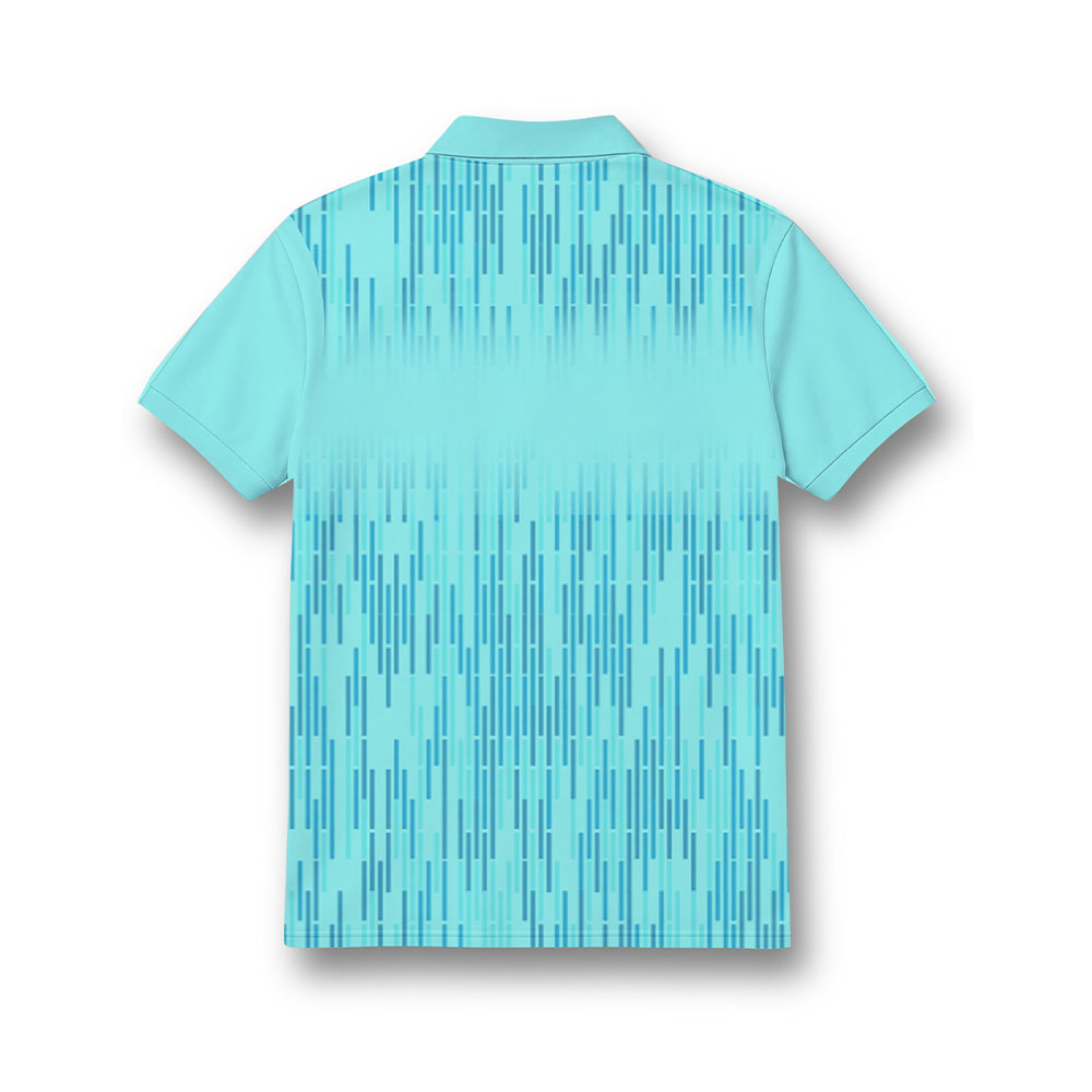 Back of kids' polo neck jersey in aqua blue with fine vertical geometric lines.