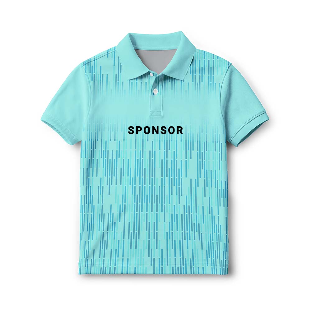 Personalised kids' polo jersey in aqua blue with fine vertical geometric lines, with sample SPONSOR text on the front.