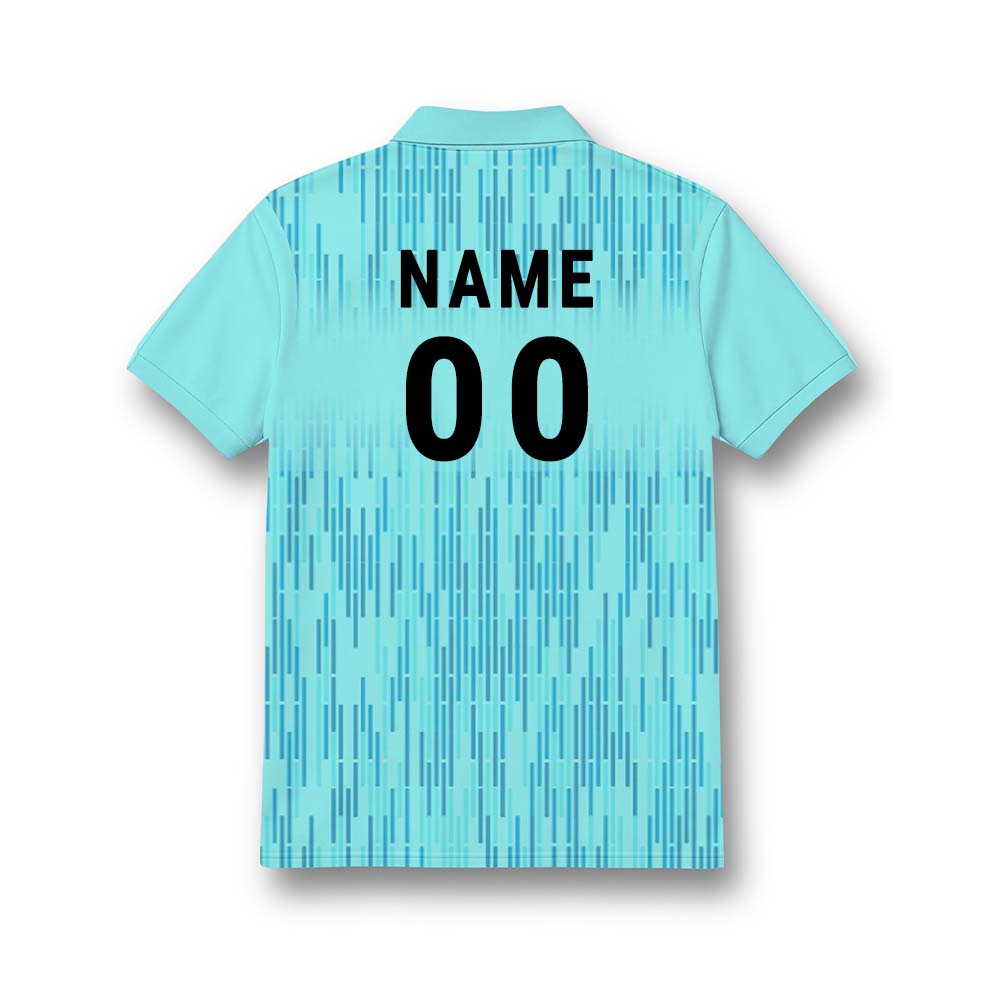 Back of kids' polo jersey in aqua blue with fine vertical geometric lines, showing sample NAME and number 00 personalisation.