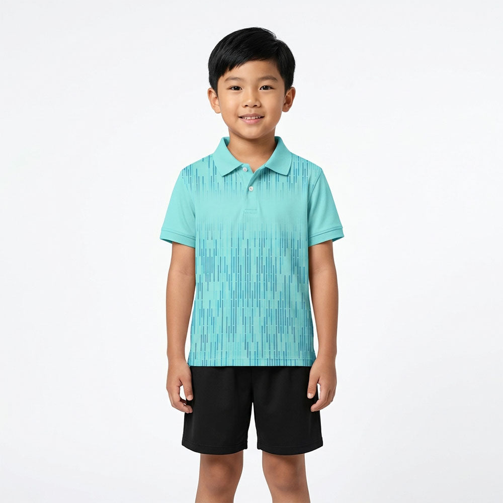 Kids' polo sports jersey in aqua blue with fine vertical geometric lines, worn by a child in black shorts standing in a studio.