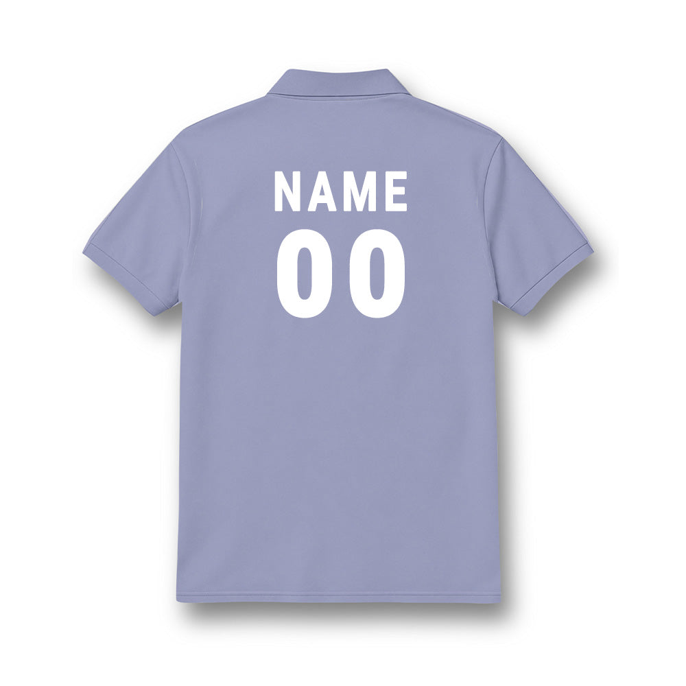 Back of kids' polo jersey in plain lavender grey, showing sample NAME and number 00 personalisation.