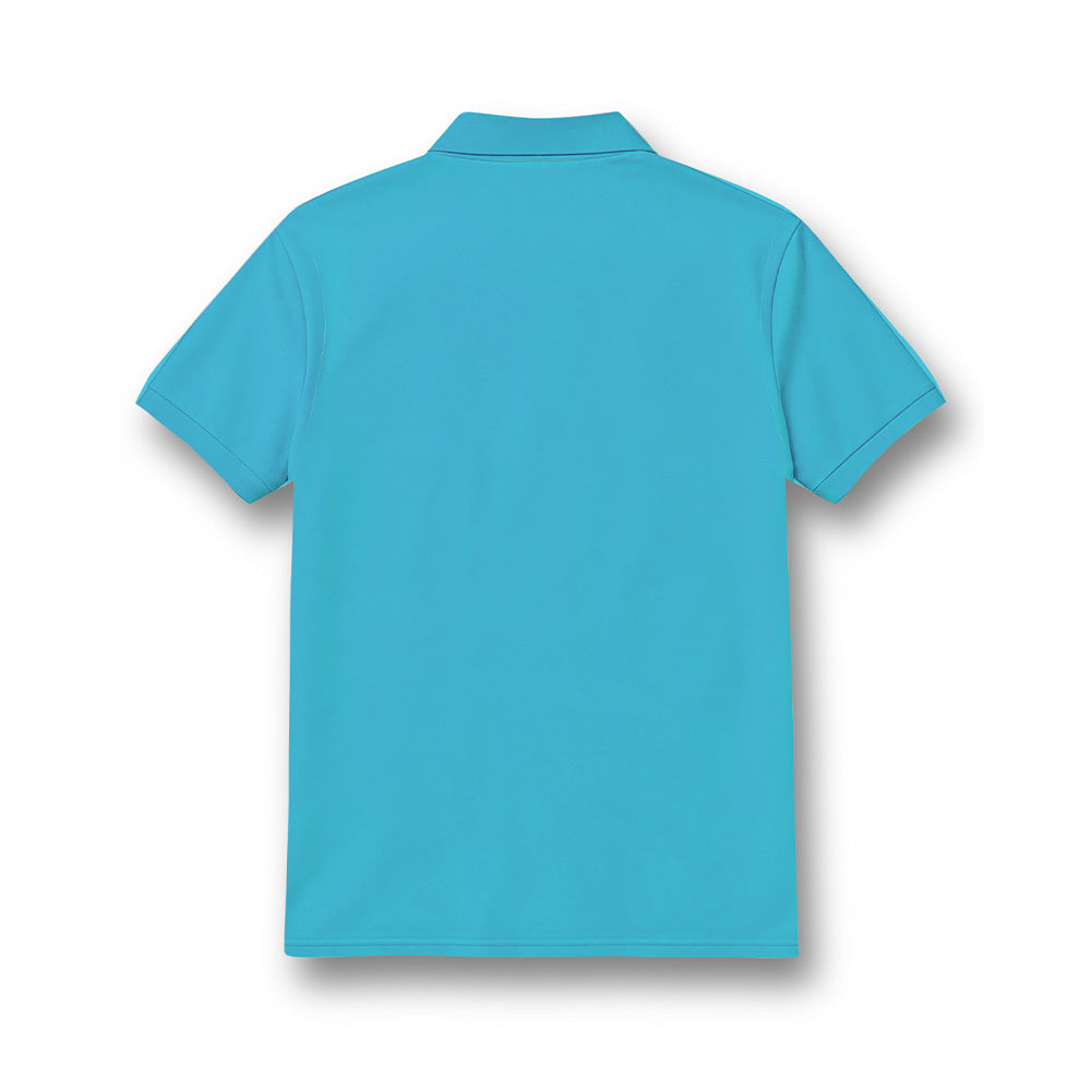 Back of kids' polo neck jersey in plain turquoise.