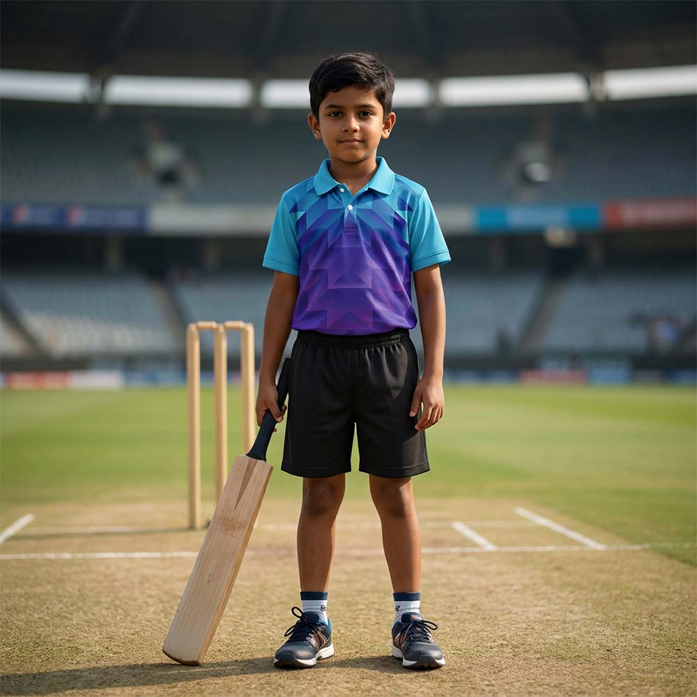 Kids' polo sports jersey in turquoise and purple with angular geometric shapes, worn by a child in black shorts holding a cricket bat beside wickets.