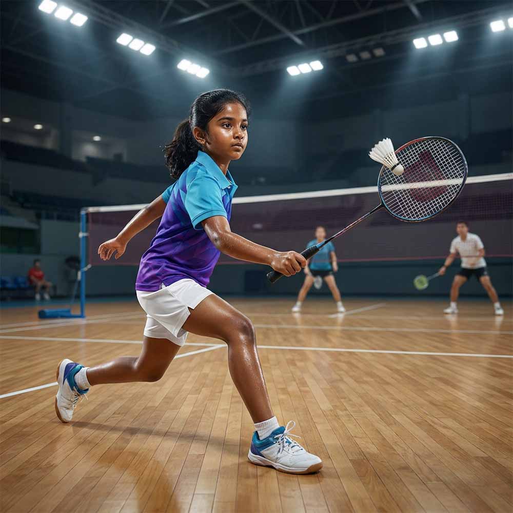 Kids' polo sports jersey in turquoise and purple with angular geometric shapes, worn by a child in white shorts playing badminton indoors.