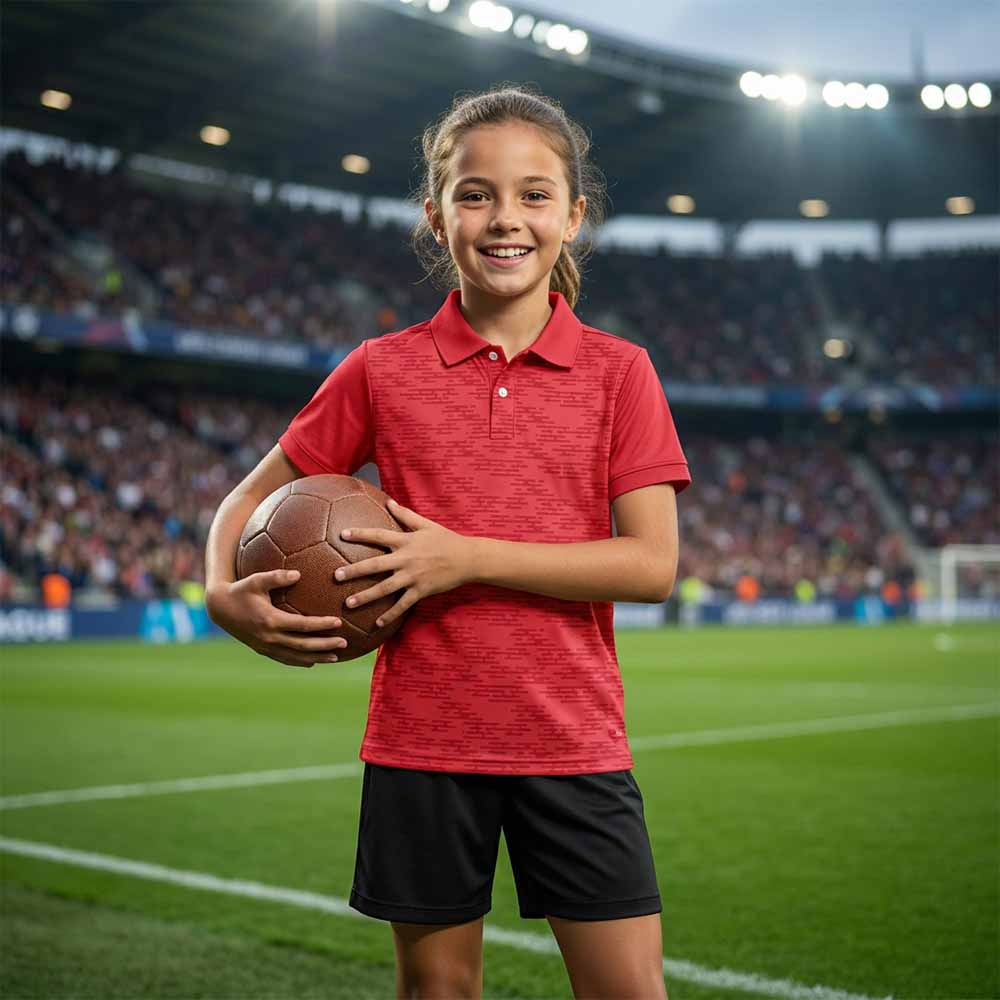 Kids' polo sports jersey in red with a fine tonal pattern, worn by a child in black shorts holding an oval ball in a stadium.