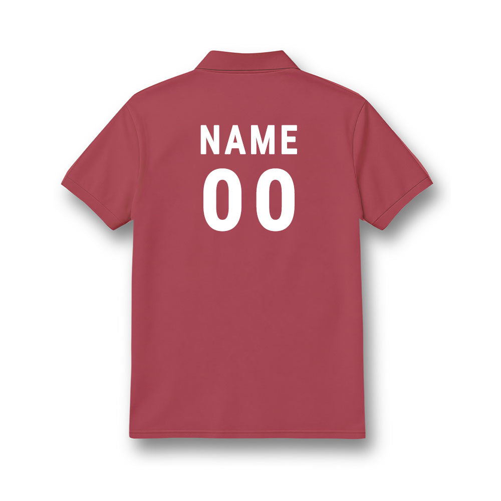 Back of kids' polo jersey in plain maroon, showing sample NAME and number 00 personalisation.