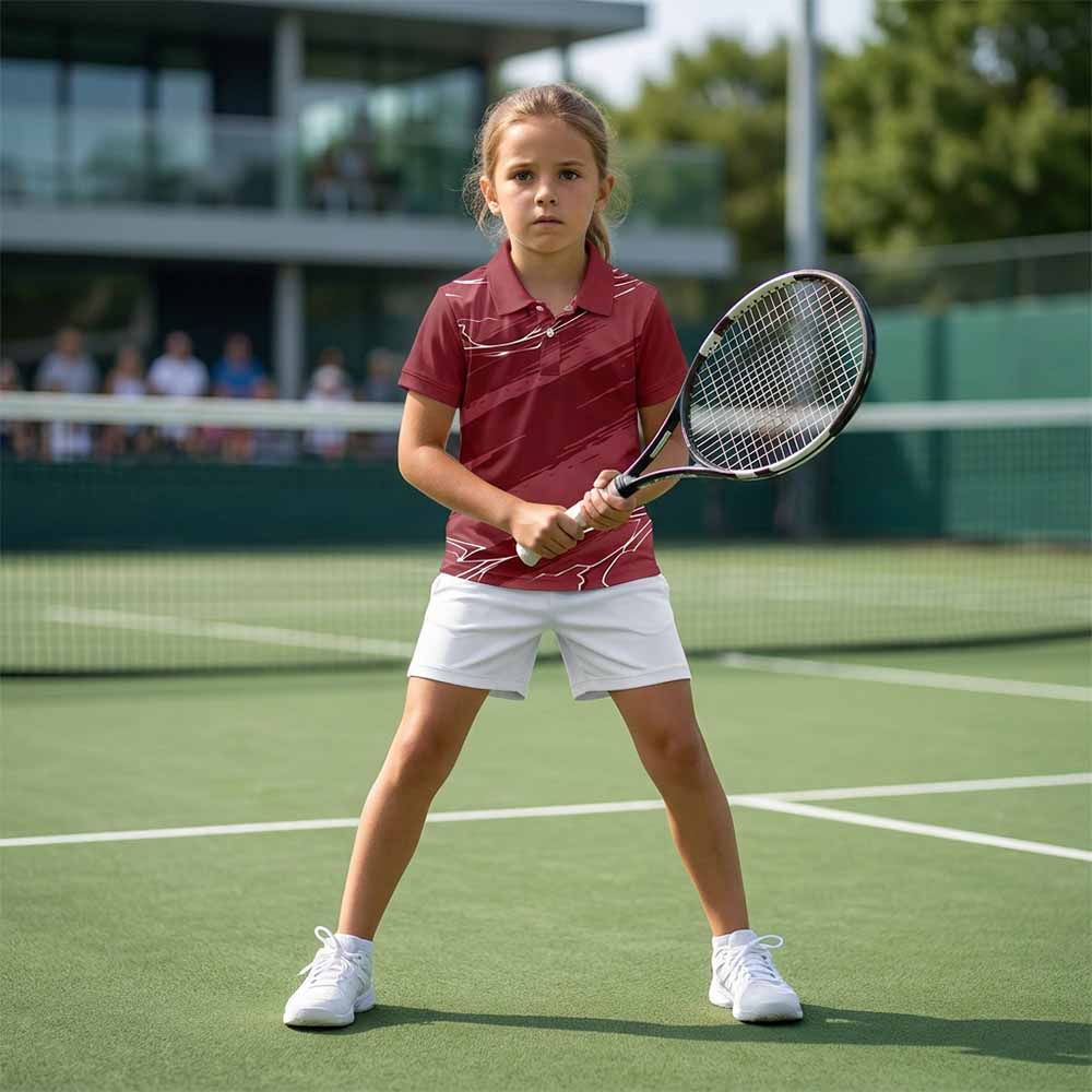Kids' polo sports jersey in maroon with diagonal streaks and white angular accents, worn by a child in white shorts holding a tennis racket on court.