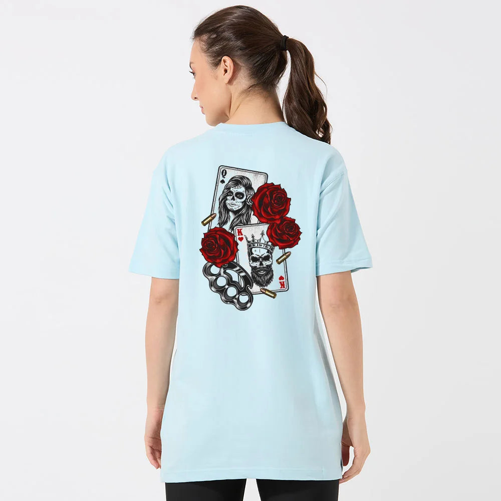 oversized t-shirt for women, women's graphic t-shirt, queen king print t-shirt, trendy cotton t-shirt for girls, streetwear t-shirt for women, loose fit t-shirt women, printed t-shirt for ladies, casual wear t-shirt women, drop shoulder t-shirt, light blue oversized t-shirt, urban style t-shirt women, summer t-shirt for girls, stylish baggy t-shirt women