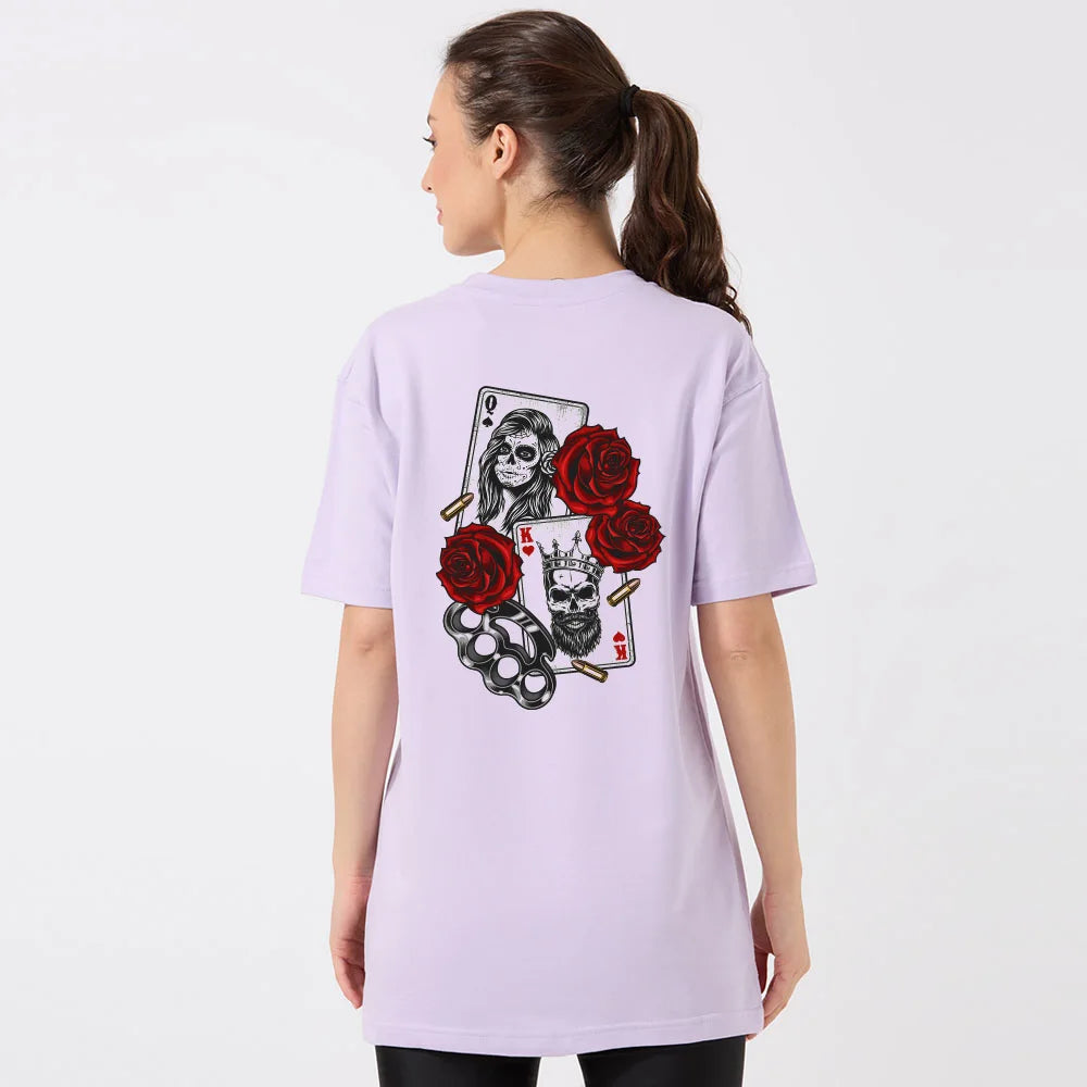 lavender oversized t shirt for women, women's graphic tee, streetwear t shirt, trendy oversized t shirt, loose fit cotton t shirt, printed t shirt for girls, queen king card print tee, aesthetic oversized shirt, casual t shirt for women, stylish t shirts for girls, graphic tee for women, street style t shirt, soft cotton t shirt women, oversized tee lavender, women's streetwear fashion