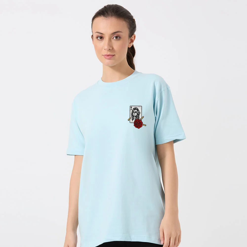 oversized t-shirt for women, women's graphic t-shirt, queen king print t-shirt, trendy cotton t-shirt for girls, streetwear t-shirt for women, loose fit t-shirt women, printed t-shirt for ladies, casual wear t-shirt women, drop shoulder t-shirt, light blue oversized t-shirt, urban style t-shirt women, summer t-shirt for girls, stylish baggy t-shirt women