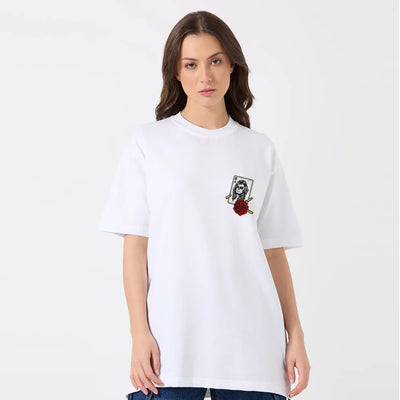 White Oversized T-Shirt for Women with Skull Card & Rose Print