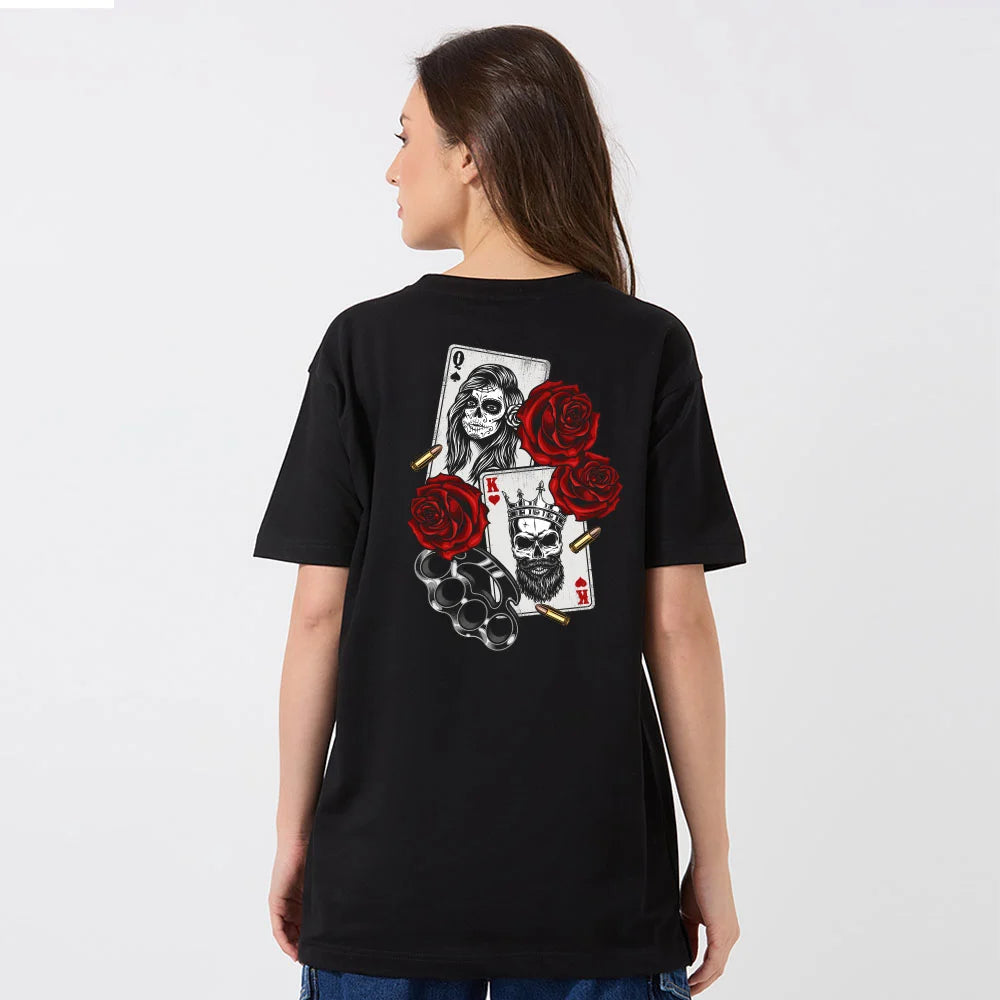 women oversized t-shirt, queen king skull print t-shirt, black oversized t-shirt for women, graphic t-shirt with roses, gothic streetwear for women, urban oversized tee, cotton black t-shirt women, trendy skull design tee, street style women’s t-shirt, rose skull graphic tee women