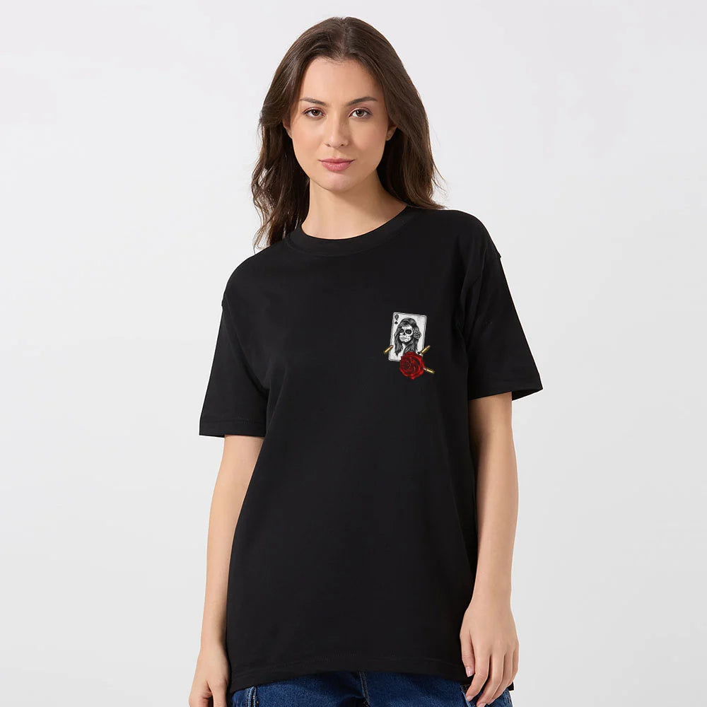 women oversized t-shirt, queen king skull print t-shirt, black oversized t-shirt for women, graphic t-shirt with roses, gothic streetwear for women, urban oversized tee, cotton black t-shirt women, trendy skull design tee, street style women’s t-shirt, rose skull graphic tee women










