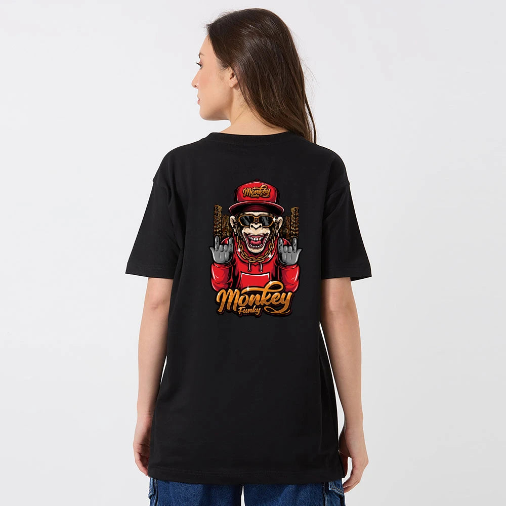 monkey family t-shirt, oversized graphic t-shirt, black funky t-shirt, women’s streetwear tee, monkey print t-shirt, oversized cotton t-shirt, hip hop style t-shirt, urban fashion tee, monkey back print shirt, streetwear for women, bold graphic t-shirt, monkey gang shirt, cool monkey design tee