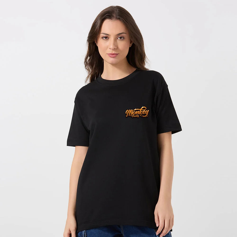 monkey family t-shirt, oversized graphic t-shirt, black funky t-shirt, women’s streetwear tee, monkey print t-shirt, oversized cotton t-shirt, hip hop style t-shirt, urban fashion tee, monkey back print shirt, streetwear for women, bold graphic t-shirt, monkey gang shirt, cool monkey design tee