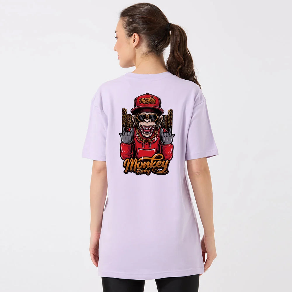 lavender oversized t-shirt, women’s monkey funky tee, streetwear t-shirt women, graphic cotton tee, back print t-shirt for women, funky oversized shirt, oversized lavender shirt women, casual trendy t-shirt, cool women’s graphic tee, monkey print tee for girls