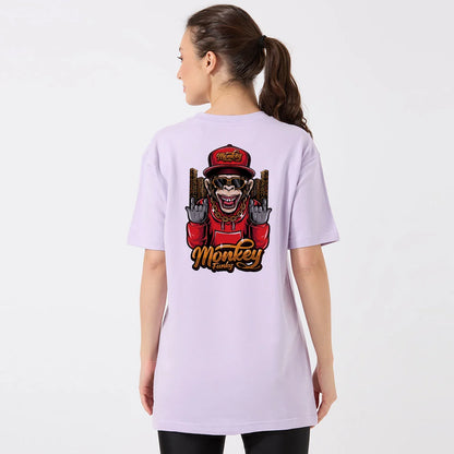 lavender oversized t-shirt, women’s monkey funky tee, streetwear t-shirt women, graphic cotton tee, back print t-shirt for women, funky oversized shirt, oversized lavender shirt women, casual trendy t-shirt, cool women’s graphic tee, monkey print tee for girls