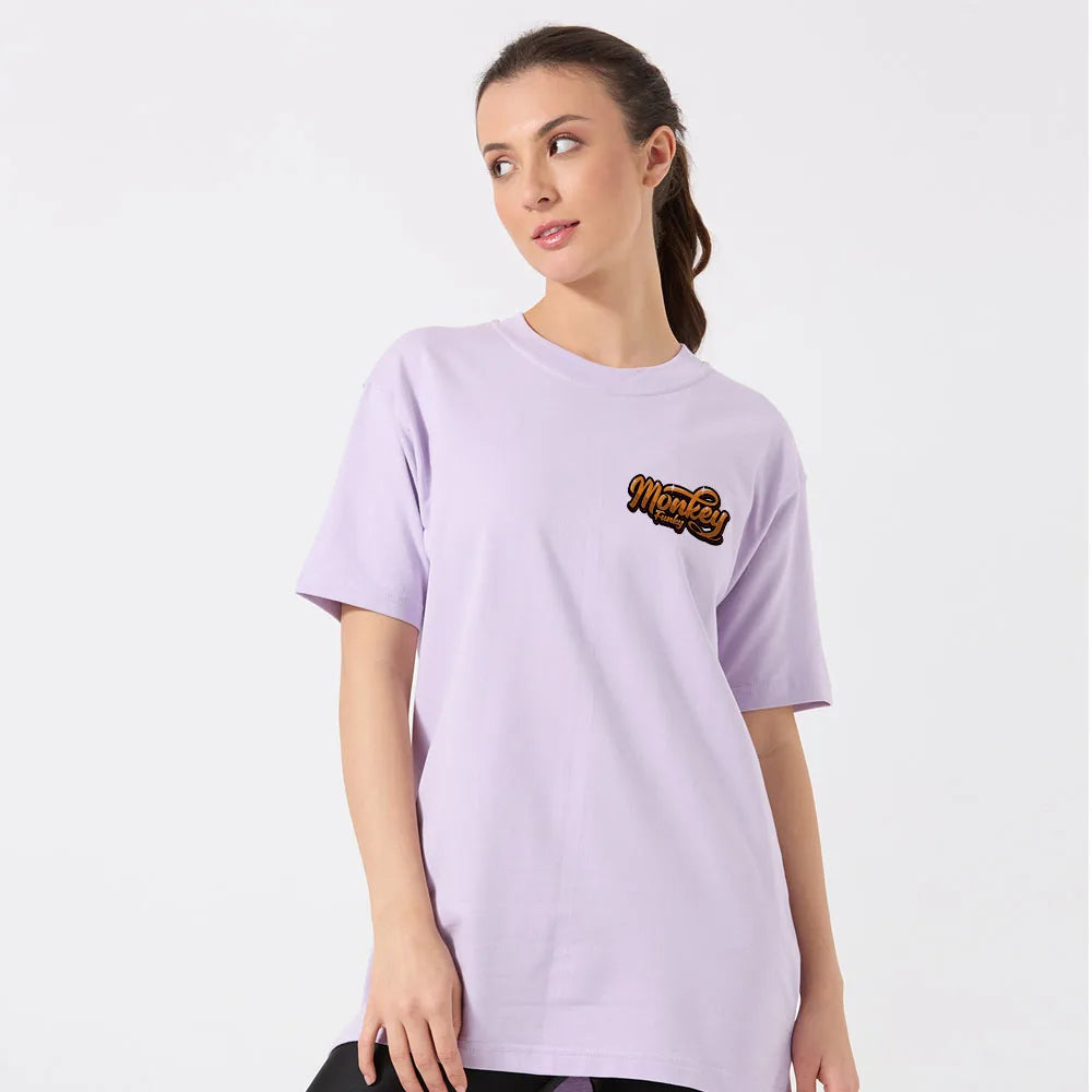 lavender oversized t-shirt, women’s monkey funky tee, streetwear t-shirt women, graphic cotton tee, back print t-shirt for women, funky oversized shirt, oversized lavender shirt women, casual trendy t-shirt, cool women’s graphic tee, monkey print tee for girls