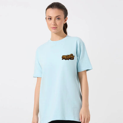 oversized t-shirt women, funky monkey t-shirt, light blue cotton t-shirt, graphic tee women, urban streetwear for women, monkey back print shirt, women’s casual t-shirt, oversized streetwear tee, bold graphic tshirt women, cotton oversized t-shirt