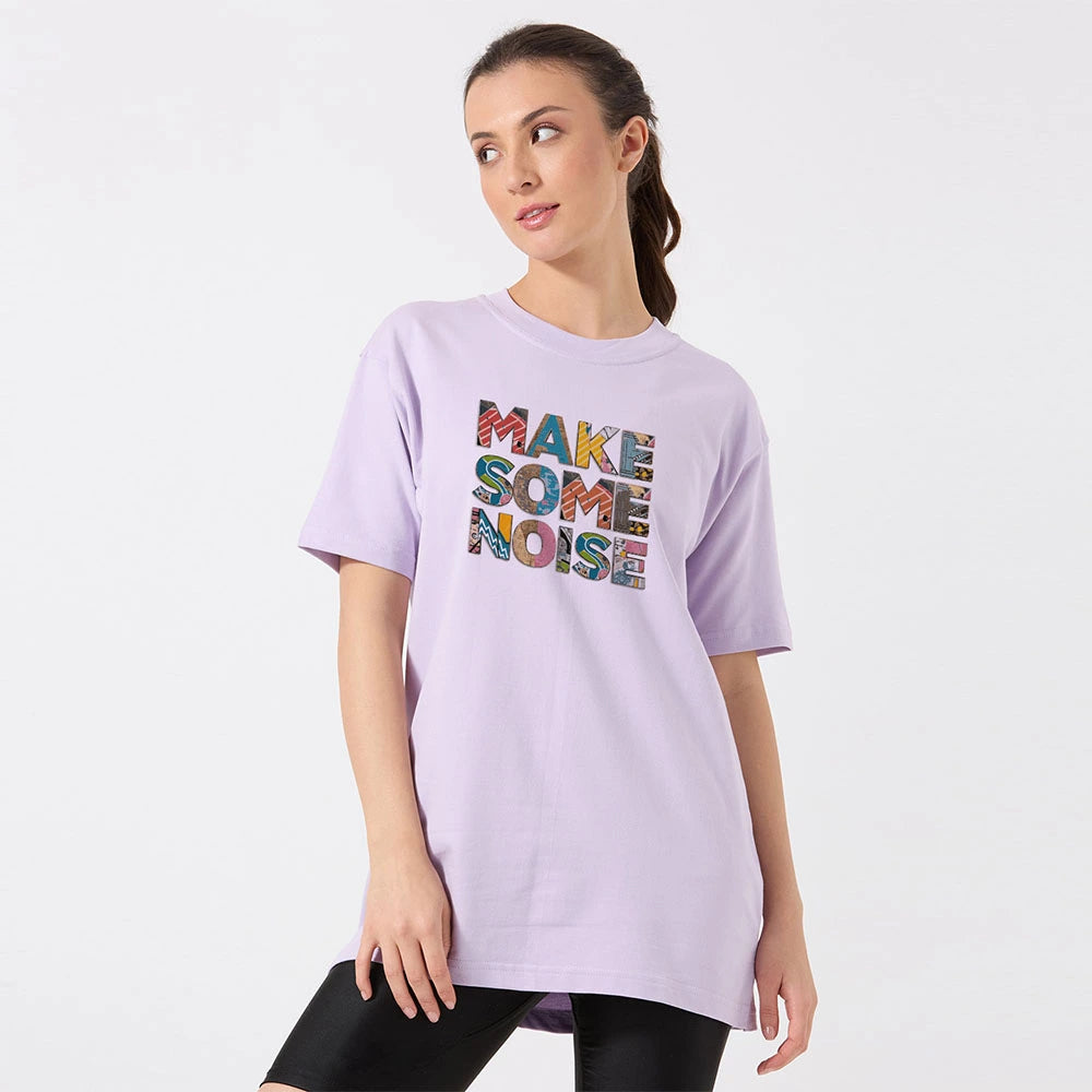 lavender oversized t shirt women, make some noise graphic tee, pastel purple loose fit t shirt, trendy streetwear oversized shirt, casual cotton t shirt for women, lavender statement tee, women’s summer oversized top, stylish pastel t shirt, printed oversized tee for girls, street style lavender t shirt