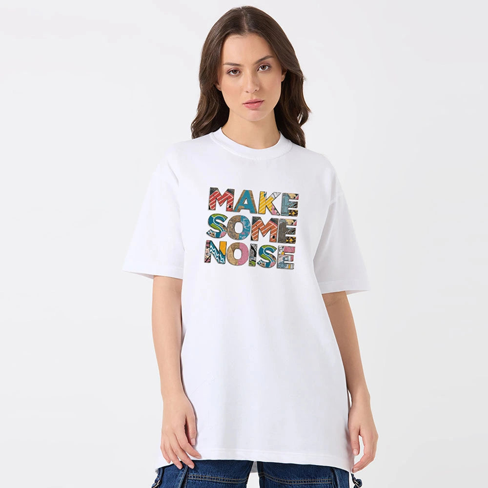 white oversized t shirt women, make some noise graphic tee, casual loose fit t shirt for women, trendy streetwear oversized shirt, cotton summer t shirt ladies, white statement print tee, oversized graphic shirt for girls, cool women’s casual t shirt, stylish white oversized top