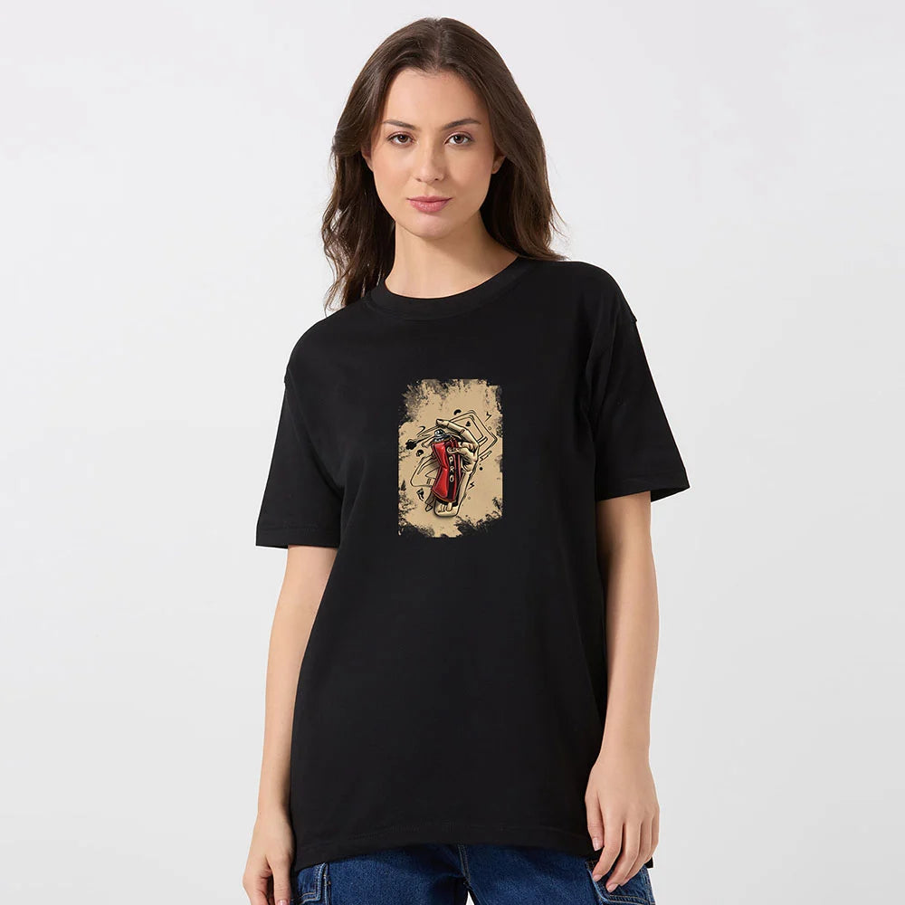 Black Oversized Streetwear Graphic Print Cotton Tee Shirt  for Women