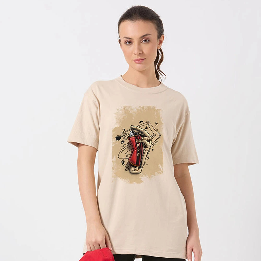 beige oversized t-shirt women, spray can graphic t-shirt, urban streetwear women, cotton casual tee, women’s graphic print shirt, oversized street style t-shirt, beige cotton tee for girls, trendy streetwear fashion