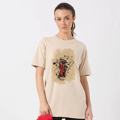 Beige Oversized Graphic Print Spray Art Cotton T-Shirt for Women
