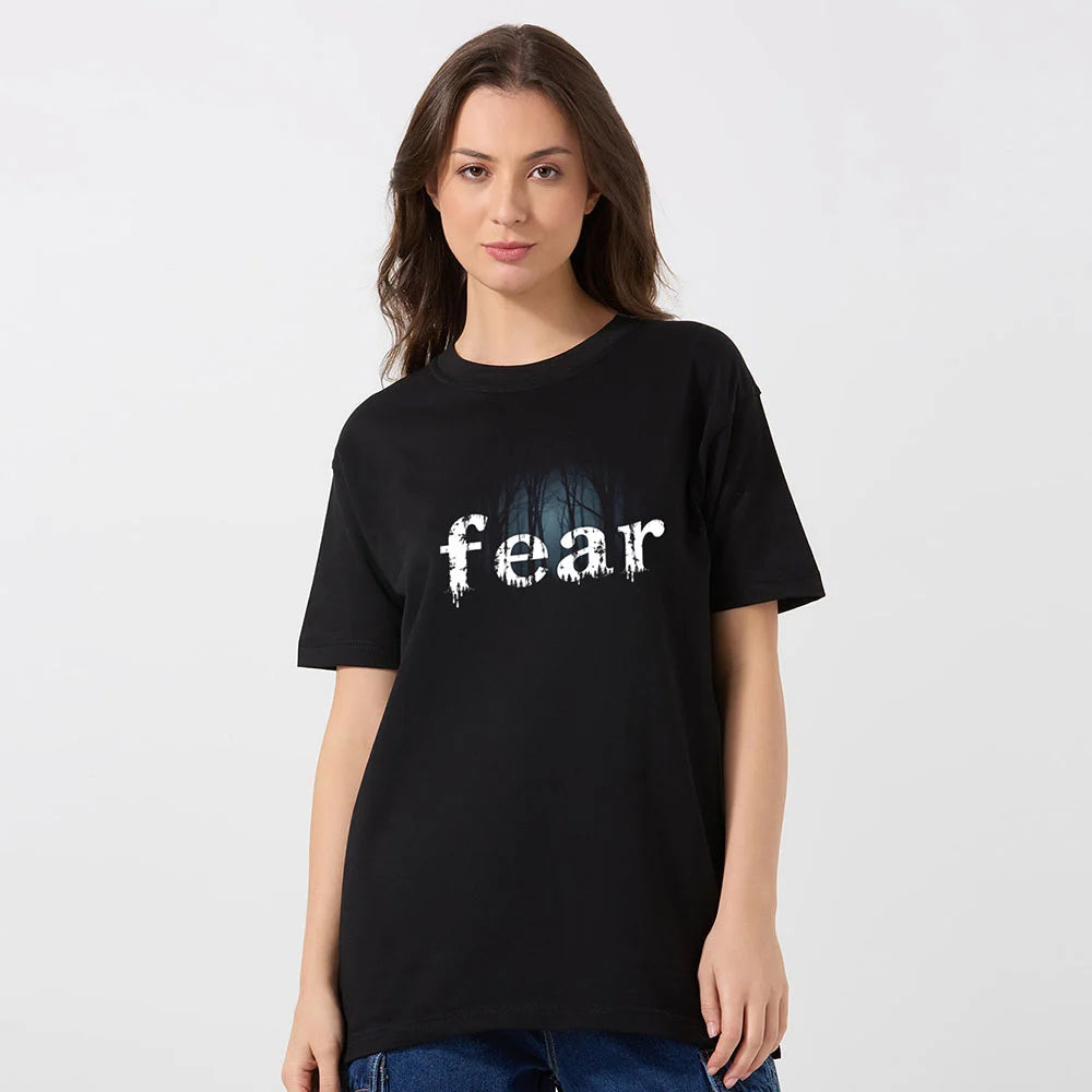 Fear oversized t-shirt for women, black oversized graphic tee, women’s streetwear t-shirt, loose fit cotton t-shirt, casual oversized tee for women, trendy graphic t-shirt women, oversized cotton top, black women’s oversized shirt, bold print t-shirt for women, stylish oversized tee










