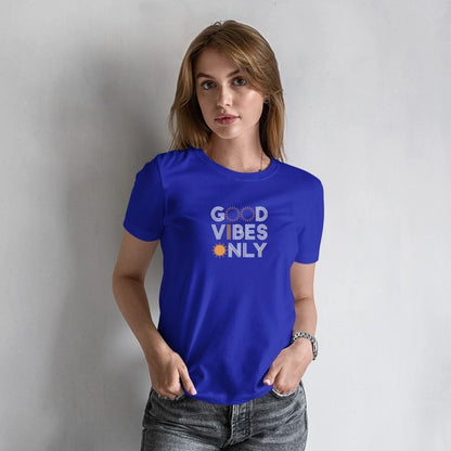 Women’s Blue Round Neck Cotton T-Shirt – “Good Vibes Only” Graphic Casual Tee