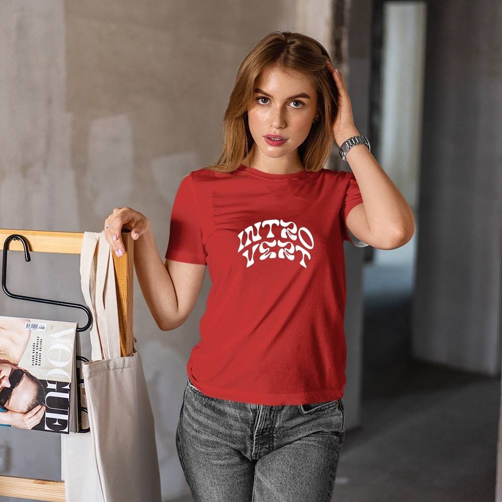 Women’s Round Neck Cotton T-Shirt – “Introvert” Graphic Minimalist Casual Tee