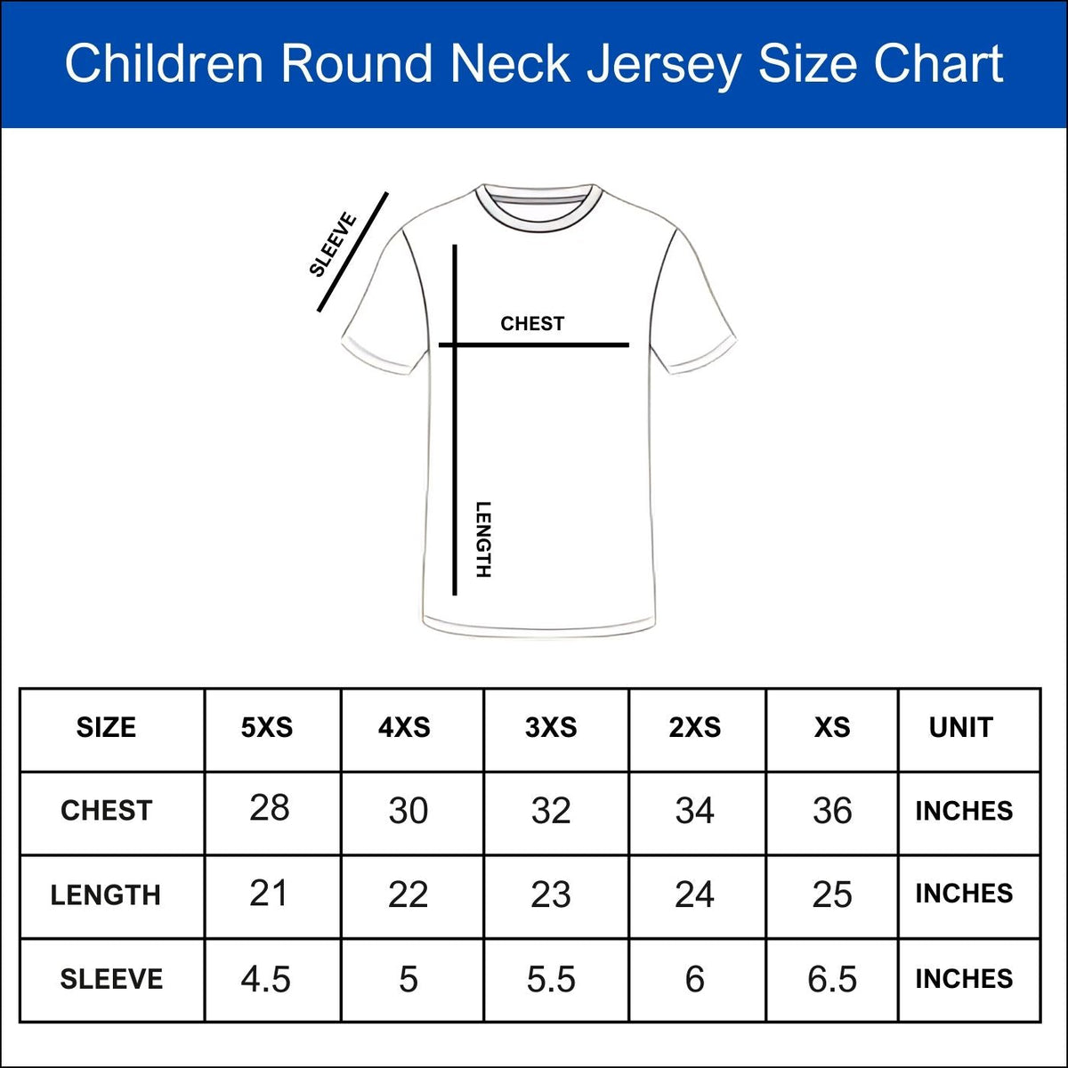 Kids jersey size chart showing chest measurements 5XS to XS