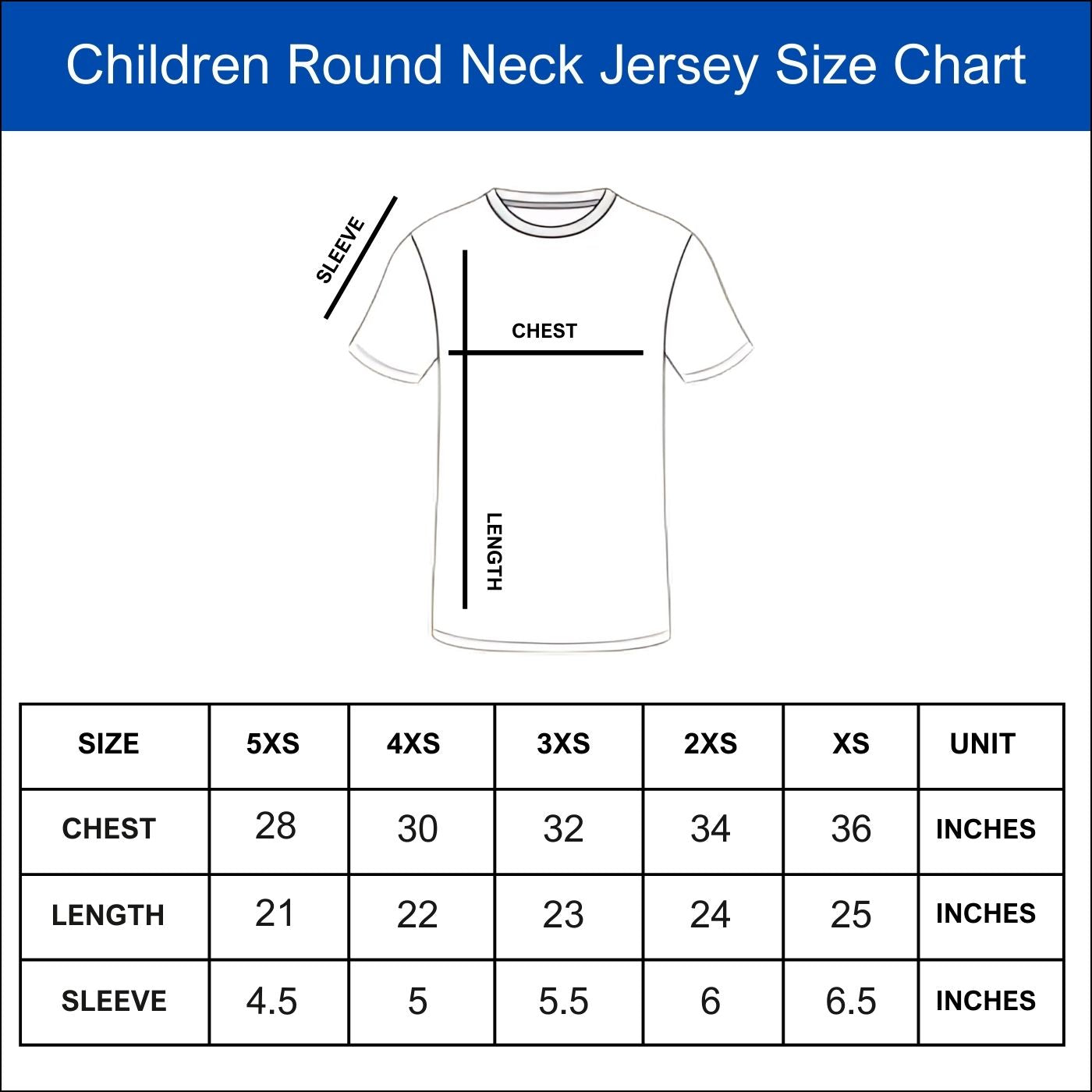 Kids jersey size chart showing chest measurements 5XS to XS