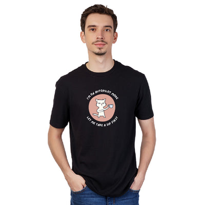 Premium Cotton Autopilot Cat Coffee Graphic Tee
