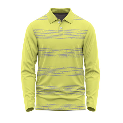 Yellow custom full sleeve polo jersey featuring subtle horizontal graphic stripes, polo collar and long sleeves. Suitable for corporate uniforms, employee workwear, promotional clothing, team apparel and personalised logo printing for businesses and organisations.