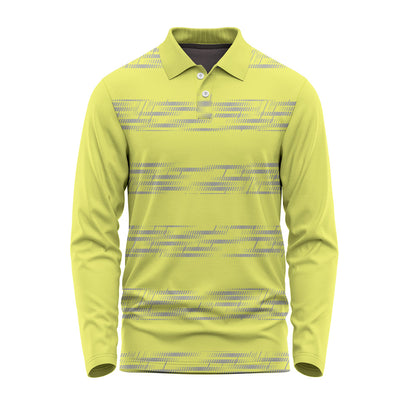 Yellow custom full sleeve polo jersey featuring subtle horizontal graphic stripes, polo collar and long sleeves. Suitable for corporate uniforms, employee workwear, promotional clothing, team apparel and personalised logo printing for businesses and organisations.
