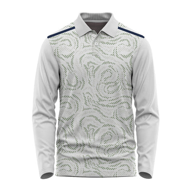 Custom full sleeve polo jersey in light grey with personalized logo printing and dry-fit polyester fabric