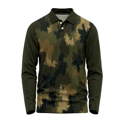 Men's camouflage full sleeve polo jersey with custom logo printing and dry-fit polyester fabric
