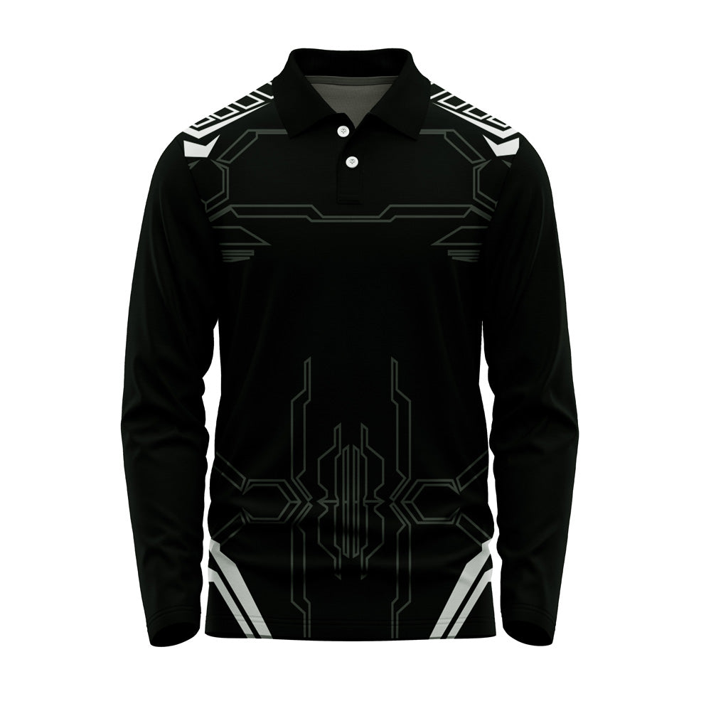 Men's black full sleeve tech pattern polo jersey with custom logo printing and dry-fit fabric