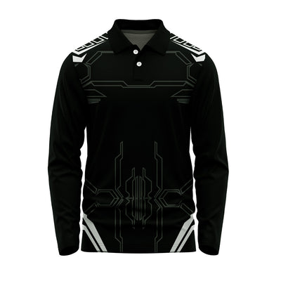 Men's black full sleeve tech pattern polo jersey with custom logo printing and dry-fit fabric