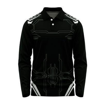 Men's black full sleeve tech pattern polo jersey with custom logo printing and dry-fit fabric