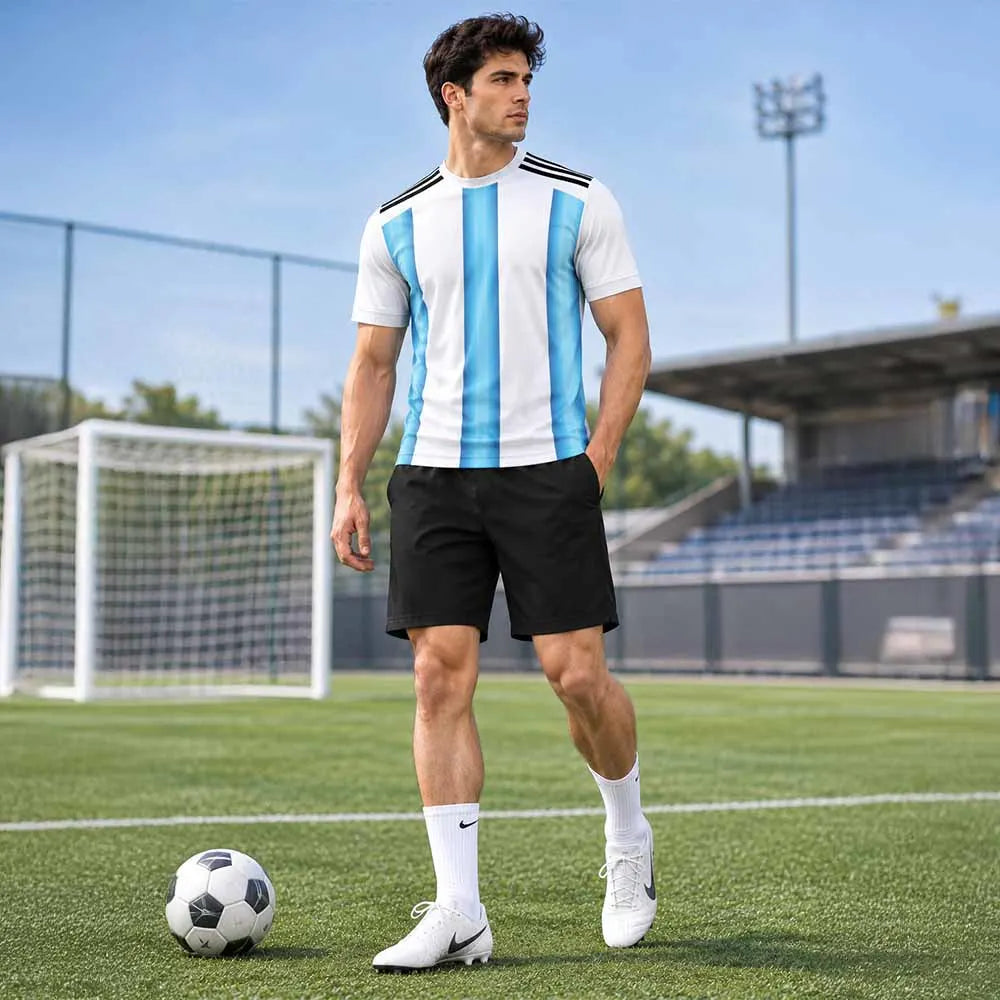 Footballer on a pitch wearing a white and sky blue vertical-striped round-neck jersey and black shorts